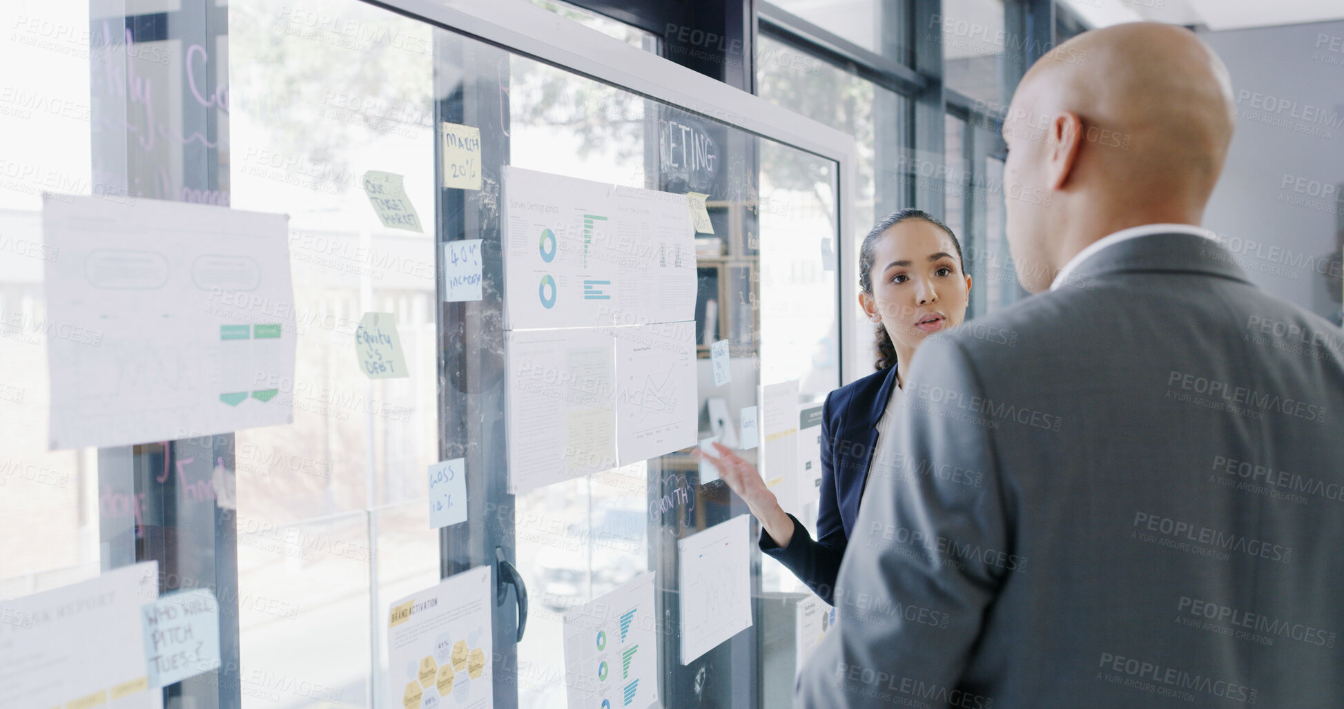 Buy stock photo Glass wall, documents and business people in office with planning for budget report with statistics. Meeting, board and team of financial advisors with research for investment proposal in workplace.