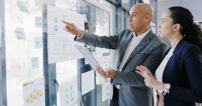 Buy stock photo Data analysis, team and people with tablet, office and risk assessment of proposal, graphs and info. Business analyst, chart or plan with sticky notes, glass and collaboration with tech in meeting
