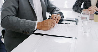 Buy stock photo Hands, person and writing on document in meeting with signature, contract agreement and offer. Businessman, paperwork and application for partnership, company deal and information for notary proposal