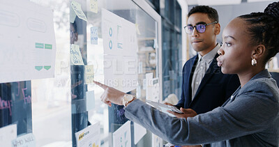 Buy stock photo Documents, sticky note and presentation with business people in meeting for research, data chart and sales. Investment graph, planning and account portfolio with employees for proposal and teamwork