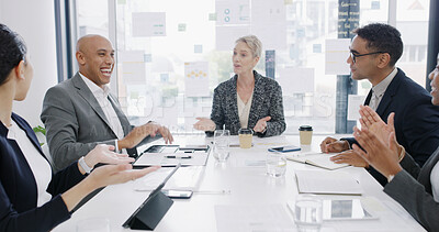 Buy stock photo Success, teamwork and planning with business people in meeting for profit report, applause and pitch. Discussion, account growth and partnership with employees in office for investment portfolio