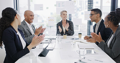 Buy stock photo Applause, teamwork and planning with business people in meeting for profit report, success and pitch. Clapping, account growth and partnership with employees in office for investment portfolio