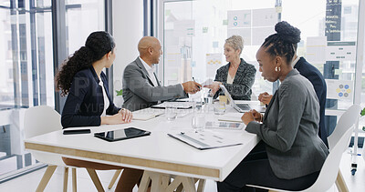 Buy stock photo Documents, planning and teamwork with business people in meeting for revenue, profit report and research. Budget proposal, investment portfolio and feedback with employees in office for project