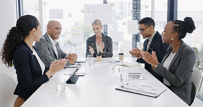 Buy stock photo Applause, success and planning with business people in meeting for profit report, teamwork and pitch. Celebration, account growth and partnership with employees in office for investment portfolio