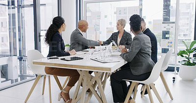 Buy stock photo Success, teamwork and handshake with business people in meeting for profit report, deal or thank you. B2B, shaking hands and partnership with employees in office for investment portfolio and contract