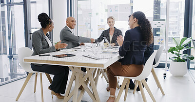 Buy stock photo Business, people and meeting with handshake in office for partnership, agreement and finance deal. Staff, team applause and shaking hands for bonus success, congratulations and investment negotiation