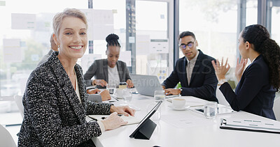 Buy stock photo Portrait, corporate and meeting with woman in office for career pride, about us and accounting company. Smile, female person and tablet with team, financial report and budget planning for investment