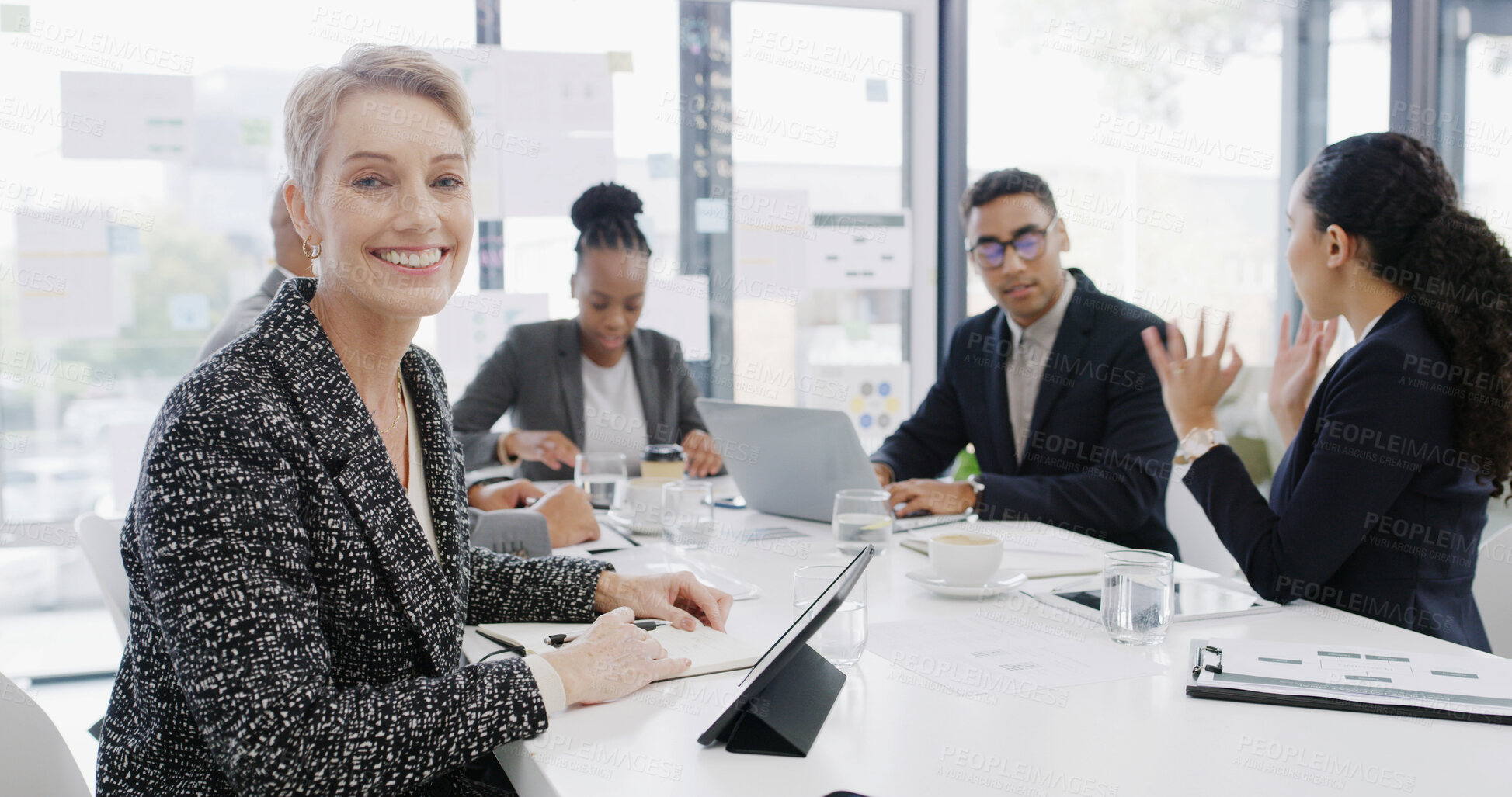 Buy stock photo Portrait, corporate and meeting with woman in office for career pride, about us and accounting company. Smile, female person and tablet with team, financial report and budget planning for investment