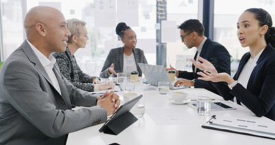 Buy stock photo Discussion, planning and teamwork with business people in meeting for revenue, profit report and research. Budget proposal, investment portfolio and feedback with employees in office for project