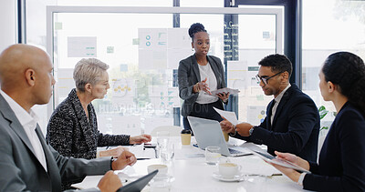 Buy stock photo Presentation, meeting and business people in office with documents, graphs or charts for finance report. Discussion, board and team of financial advisors with technology for investment proposal.