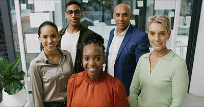 Buy stock photo Portrait, smile and creative people in office with career pride, about us and media agency. Above, staff and employees confidence with teamwork, manager support and leadership for article publication