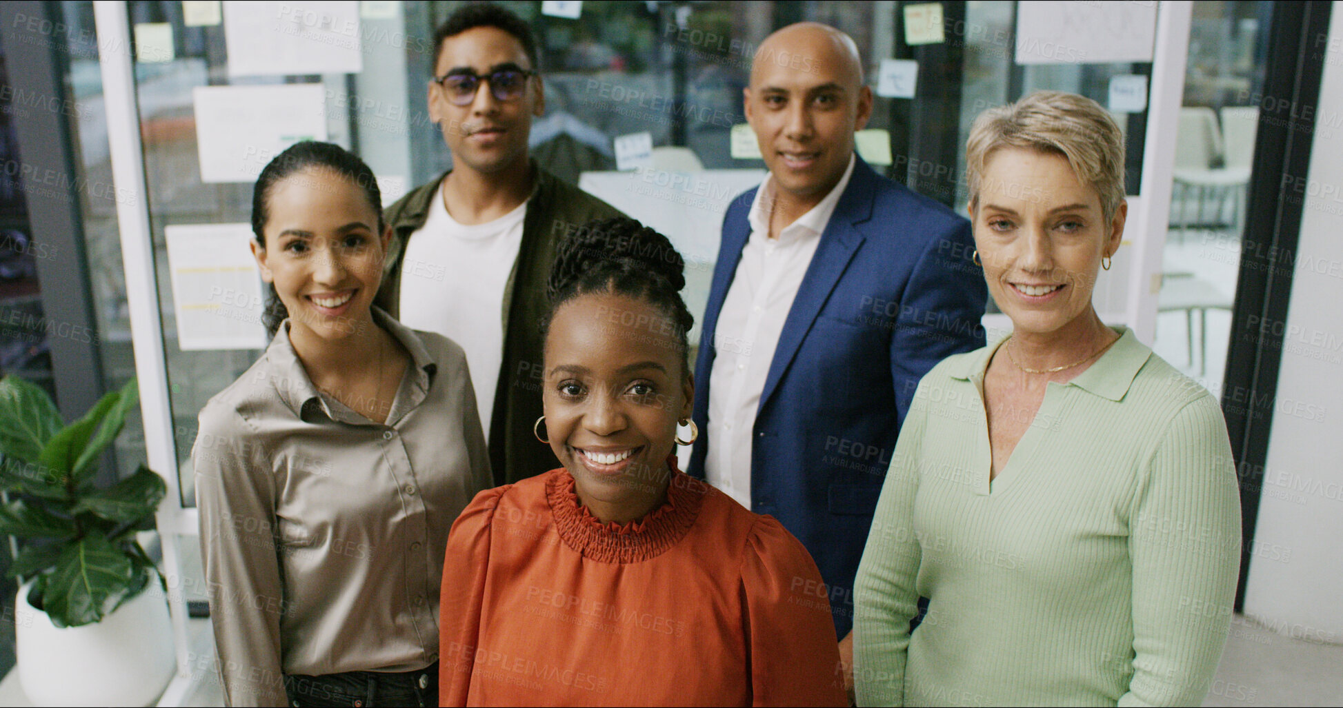 Buy stock photo Portrait, smile and creative people in office with career pride, about us and media agency. Above, staff and employees confidence with teamwork, manager support and leadership for article publication