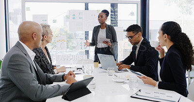 Buy stock photo Presentation, planning and teamwork with business people in meeting for revenue, profit report and research. Budget proposal, investment portfolio and feedback with employees in office for project