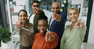 Buy stock photo Portrait, business people and pointing to you in office to select option for winner or decision. Happy, accountability and staff in workplace for recruitment, hiring or group invitation to join us