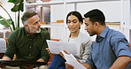 Business people, discussion or meeting with documents in office for project or performance review. Group, employee or colleagues with paperwork for budget plan, company finance or report in workplace