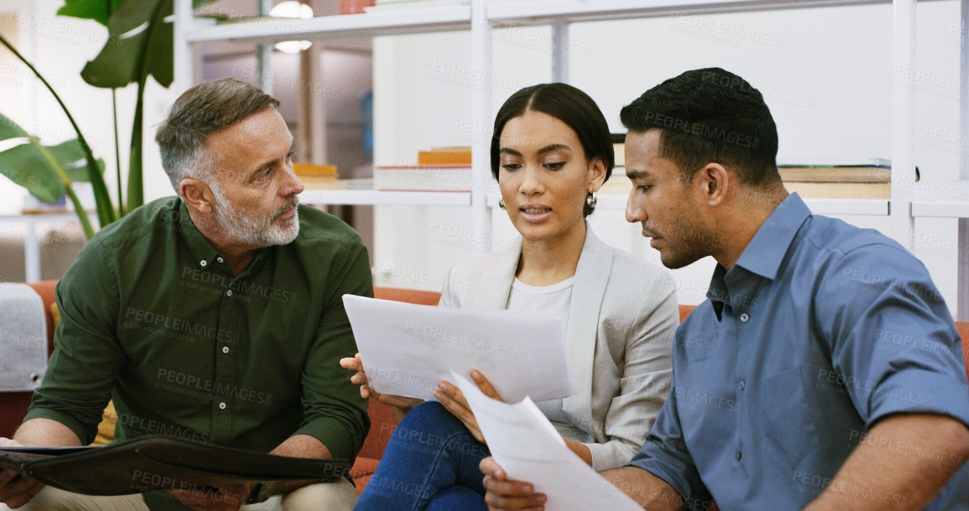 Buy stock photo Business people, discussion or meeting with documents in office for project or performance review. Group, employee or colleagues with paperwork for budget plan, company finance or report in workplace