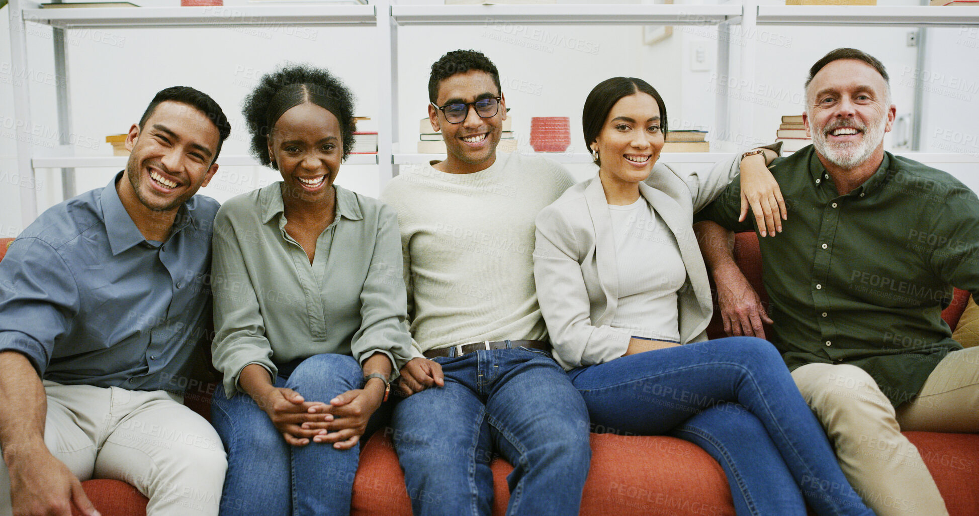 Buy stock photo Group portrait, smile and business people on couch for solidarity, about us or writers laugh. Team, sofa and happy workers together in office with creative editor for support or collaboration