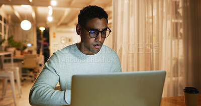 Buy stock photo Laptop, night and web designer with business man in office for overtime work on coding or programming. Computer, creative and late with website programmer at desk in workplace for design deadline