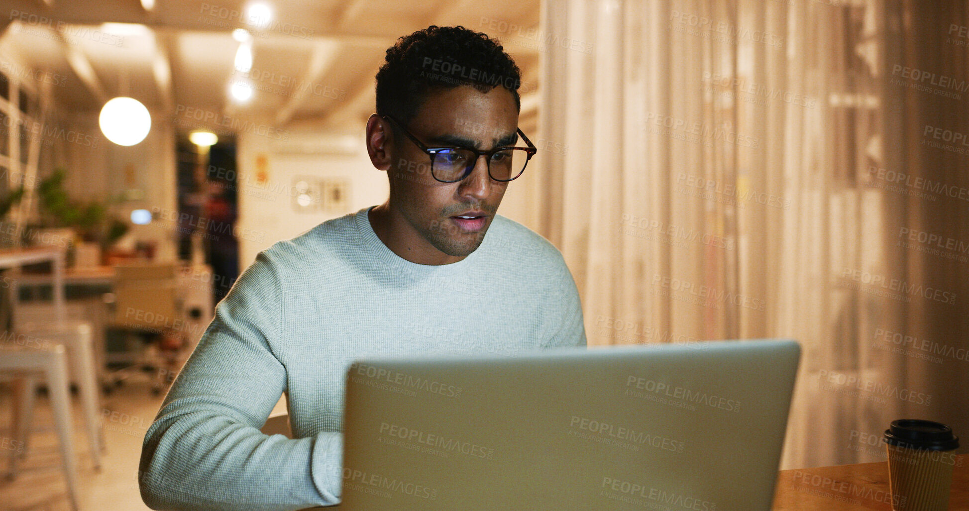 Buy stock photo Laptop, night and web designer with business man in office for overtime work on coding or programming. Computer, creative and late with website programmer at desk in workplace for design deadline