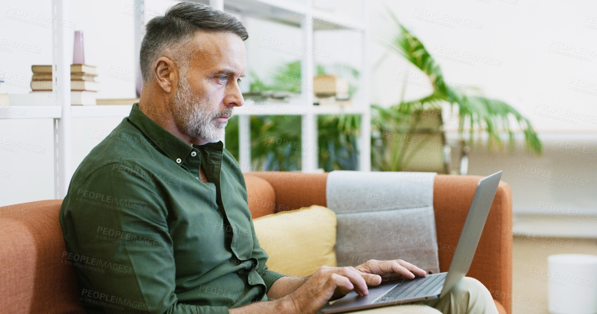 Buy stock photo Laptop, research and businessman in office with email, communication or contact for creative project. Technology, reading and mature male editor with online article for publishing with computer.