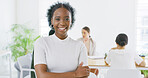 Portrait, employee and woman with arms crossed, office or creative for career growth and journalist. Confident, reporter and person with ambition for job opportunity, media and happy in newsroom