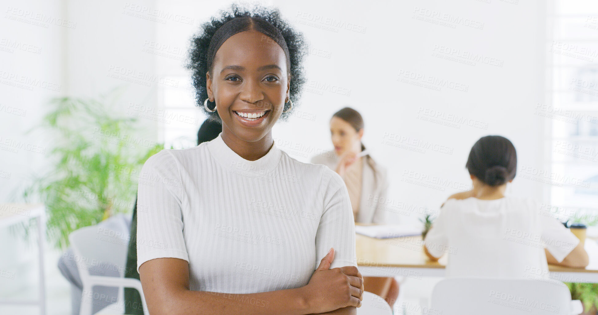 Buy stock photo Portrait, employee and woman with arms crossed, office or creative for career growth and journalist. Confident, reporter and person with ambition for job opportunity, media and happy in newsroom