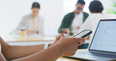 Buy stock photo Hands, office or businessperson with phone for online feedback or texting for message. Coworking, laptop or consultant typing on mobile app for email notification, technology or news in workplace