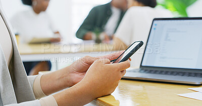 Buy stock photo Hands, office or businessperson with mobile for online feedback or texting for message. Coworking, laptop or consultant typing on smartphone for email notification, technology or news in workplace