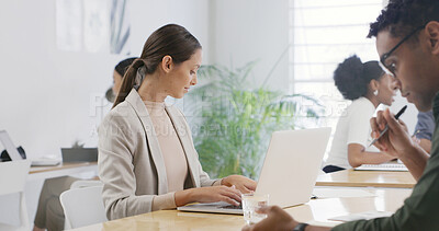 Buy stock photo Laptop, planning and research with business woman at desk in coworking office for online report. Computer, reading and typing with employee in workplace for administration, project update or review