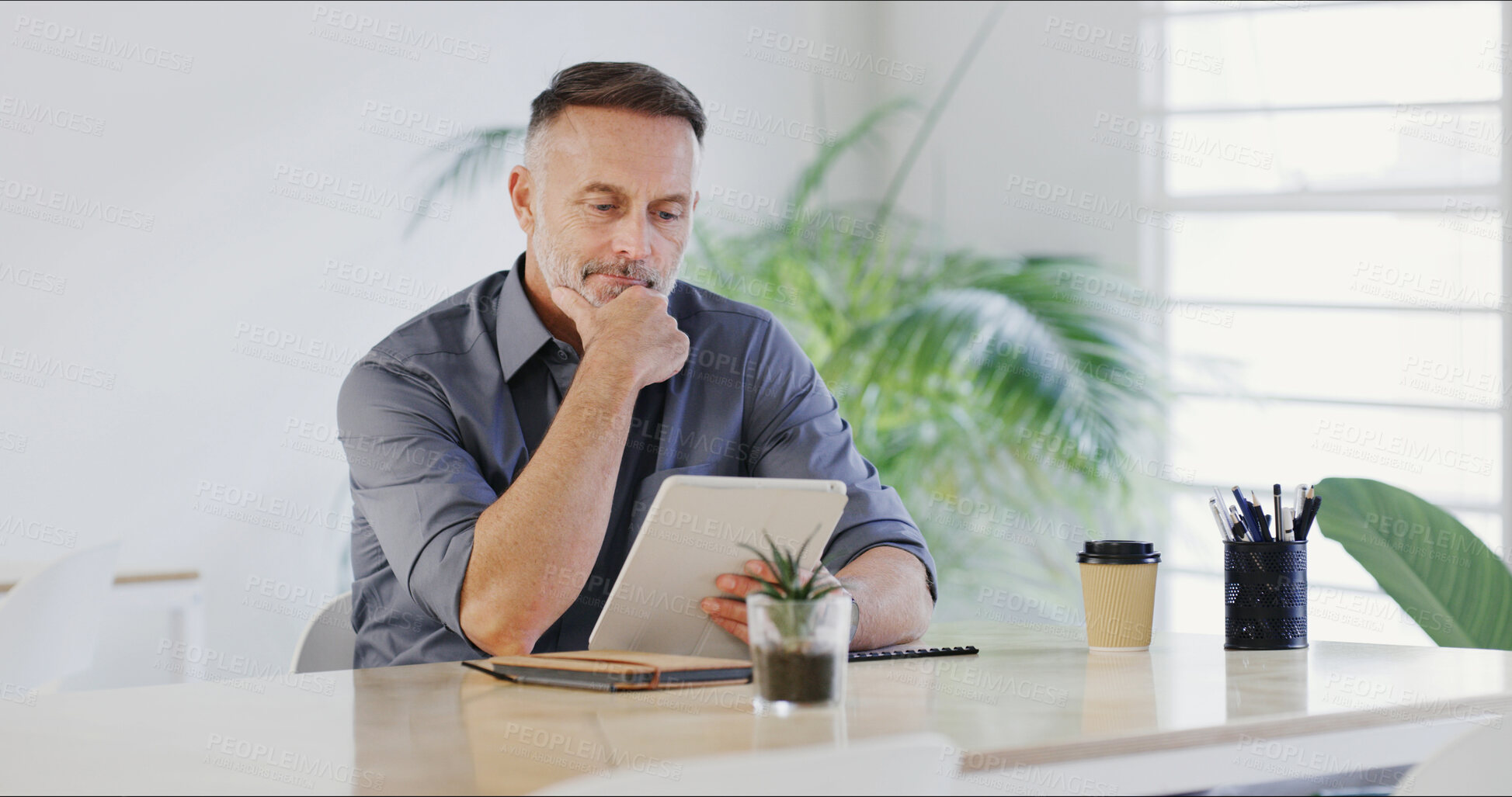 Buy stock photo Tablet, thinking and research with business man in office for project checklist, event manager and reflection. Program schedule, planning and email guest list with mature person for idea and vision