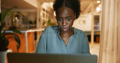 Buy stock photo Business, night and black woman with laptop, online reading and review for publication. African person, evening and journalist in office, pc and email with magazine editor, check facts and research