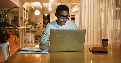 Buy stock photo Laptop, night and web designer with employee man in office for overtime work on coding or programming. Analytics, computer and late with programmer at desk in design workplace for business deadline