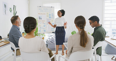 Buy stock photo Woman, presentation and sales strategy at office with team, notes and graphs for equity, debt or stats. Person, speaker and board with marketing group for brand communication, feedback and charts