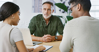 Buy stock photo Team, people and meeting for discussion in office for business proposal, idea or report. Clipboard, document and employees with support for creative review or project management together in workplace