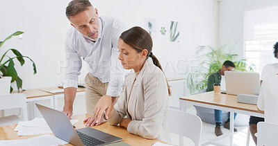 Buy stock photo Laptop, mentor and help with business people in office for design briefing, internship program or advice. Project research, branding intern and mature man with woman in startup for portfolio coaching