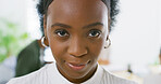 Portrait, employee and black woman with ambition, office or creative for career growth and reporter. Confident, journalist and person with smile for job opportunity, media and newsroom in Nigeria