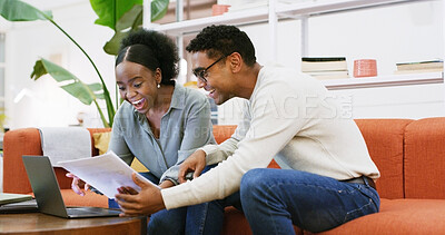 Buy stock photo Documents, budget and laptop with happy couple on sofa in living room of home together for investment. Computer, financial freedom and paperwork with people in apartment for portfolio growth
