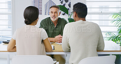 Buy stock photo Architect, team and meeting for planning in office with design proposal, idea or report. Business, collaboration and people with support for review or project management together in workplace