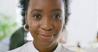 Buy stock photo Portrait, employee and black woman with smile, office and creative for career growth and journalist. Confident, reporter and person with ambition for job opportunity, media and happy in newsroom