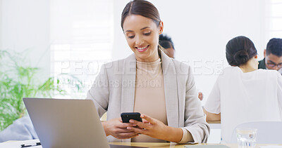 Buy stock photo Smile, office or businesswoman texting with phone for online feedback or message. Coworking, laptop or consultant reading mobile app for email notification, technology or news search in workplace
