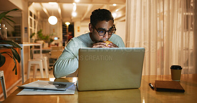 Buy stock photo Eating, laptop and night with web designer man in office for overtime work on coding or programming. Computer, creative and fast food with website programmer at desk in workplace for evening deadline