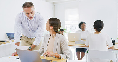 Buy stock photo Laptop, mentor and advice with business people in office for design briefing, internship program or help. Project research, branding intern and mature man with woman in startup for portfolio coaching