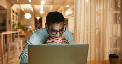 Buy stock photo Man, eating and night with laptop at house for research, proofreading article and multitasking. Journalist, food and pc for reading story, check facts and review information for publication deadline