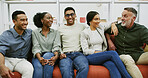 Break, diversity and laughing with business people on sofa in office lounge for bonding or conversation. Comfortable, funny and relax with employee friends in workplace together for collaboration