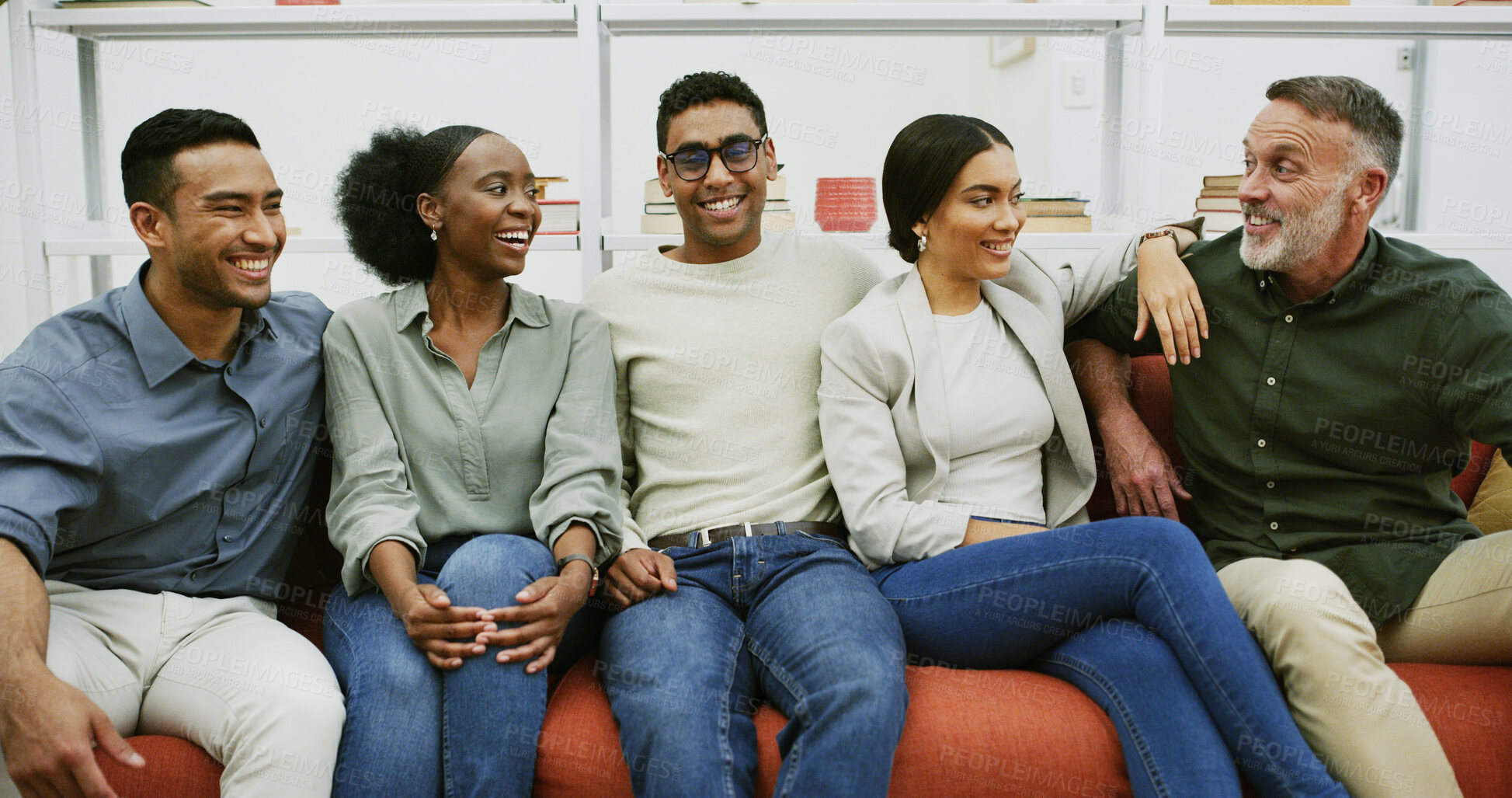 Buy stock photo Break, diversity and laughing with business people on sofa in office lounge for bonding or conversation. Comfortable, funny and relax with employee friends in workplace together for collaboration