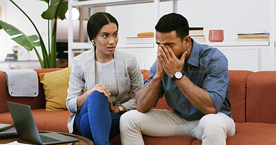 Buy stock photo Frustrated, business people or stress with laptop for bankruptcy, company debt or mistake. Man, woman or colleagues with mental health or anxiety for over budget project, deadline or financial crisis