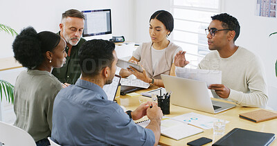 Buy stock photo Team, meeting and business people with laptop, documents and financial statistics for sales review. Startup, office and men with woman in discussion for finance report, budget planning and proposal