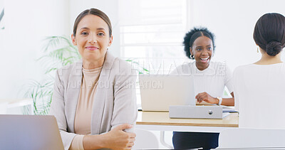 Buy stock photo Arms crossed, portrait and businesswoman on laptop in office for internship, digital agency or pride. Branding campaign, happy copywriter in startup and opportunity for online project with confidence