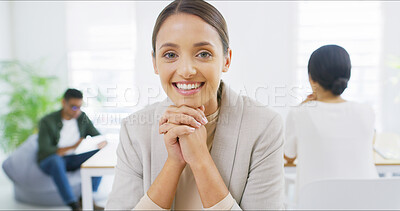 Buy stock photo Smile, professional and portrait of business woman for magazine editor, journalist and pride. Publishing agency, confidence and happy with person and colleagues in startup for coworking and career