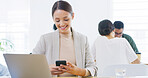 Smile, office or businesswoman texting with mobile for online feedback or message. Coworking, laptop or consultant reading smartphone for email notification, technology or news search in workplace
